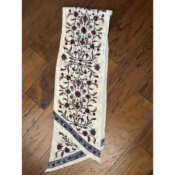 Ginnie Johansen Women's Neutral Brown Blue Silk Scarf Rolled Edge, 9x56, Vintage - Picture 4 of 5